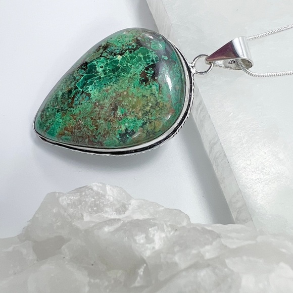 *SOLD*LARGE Chunky Chrysocolla Gemstone Pendant Necklace Sterling Silver 925 New - Picture 4 of 8
